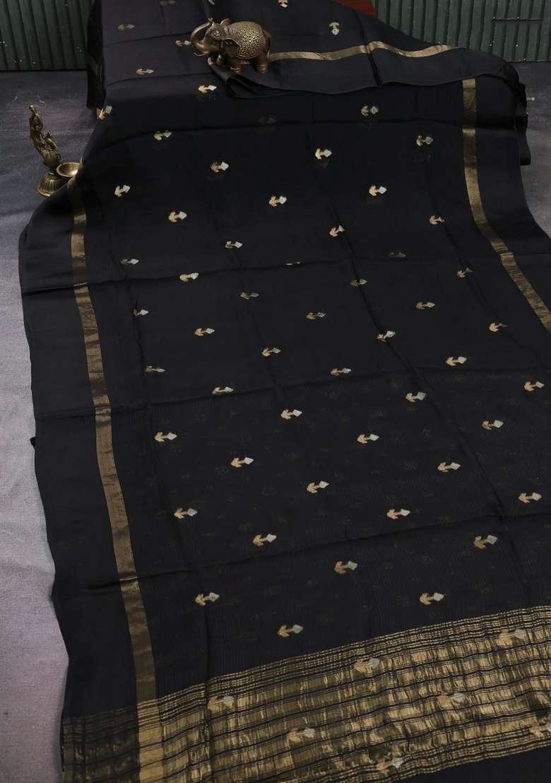 Art Kota Silk Saree Black With Silver Zari Woven Buttas And Zari Woven Simple Border With Buttas And Brocade Design For Women - Indya