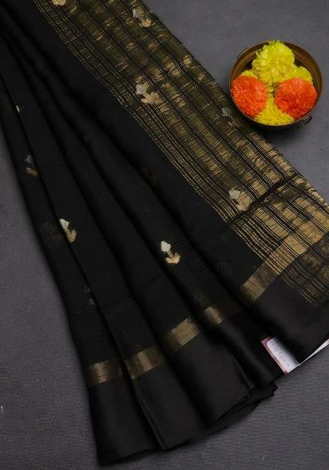 Art Kota Silk Saree Black With Silver Zari Woven Buttas And Zari Woven Simple Border With Buttas And Brocade Design For Women