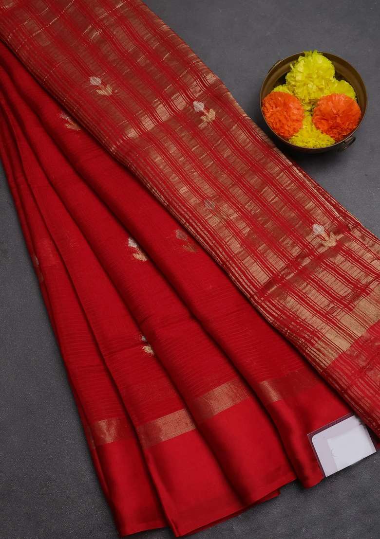 Art Kota Silk Saree Red With Silver Zari Woven Buttas And Zari Woven Simple Border With Buttas And Brocade Design For Women - Indya
