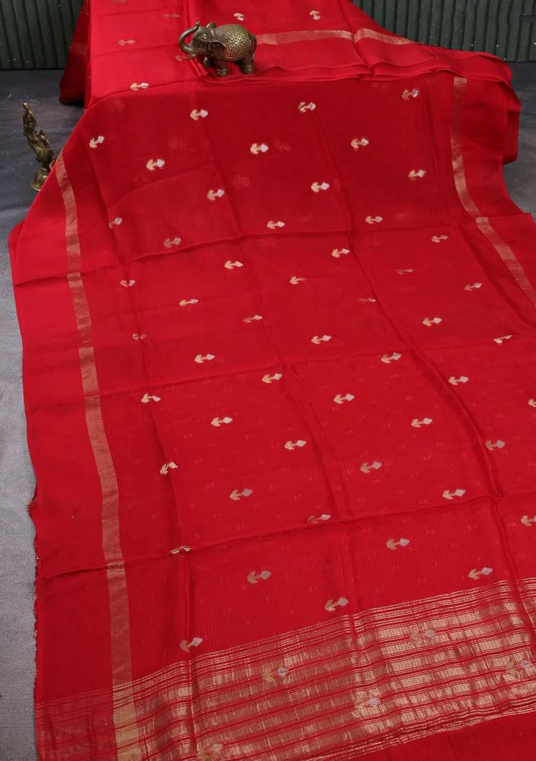 Art Kota Silk Saree Red With Silver Zari Woven Buttas And Zari Woven Simple Border With Buttas And Brocade Design For Women - Indya