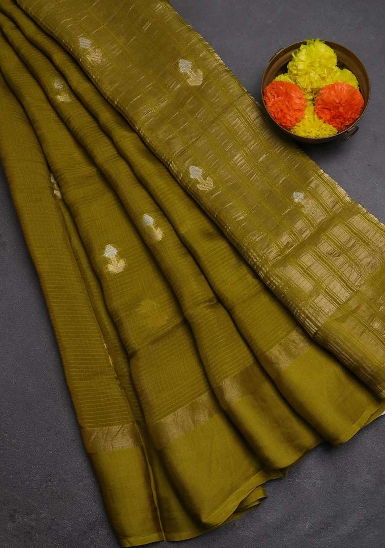 Art Kota Silk Saree Mehendi Green With Silver Zari Woven Buttas And Zari Woven Simple Border With Buttas And Brocade Design For Women - Indya