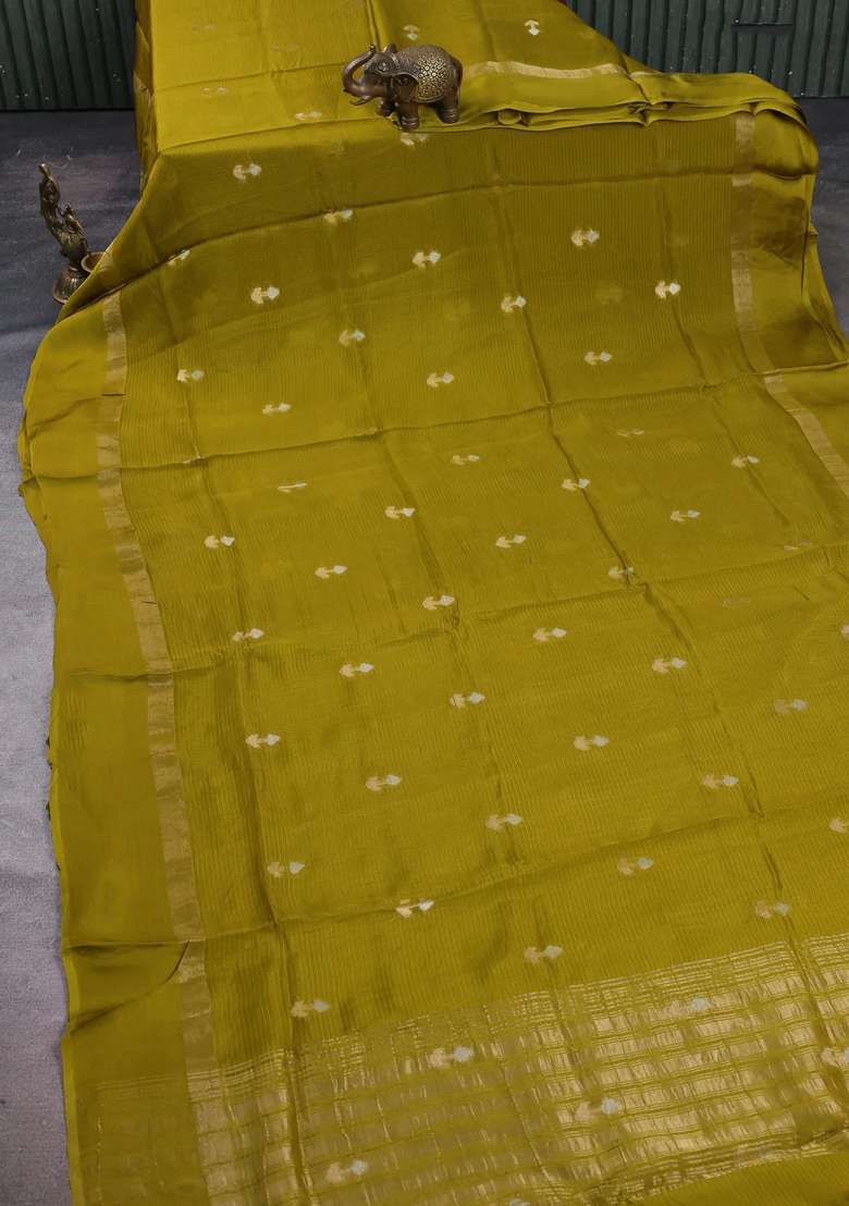 Art Kota Silk Saree Mehendi Green With Silver Zari Woven Buttas And Zari Woven Simple Border With Buttas And Brocade Design For Women - Indya