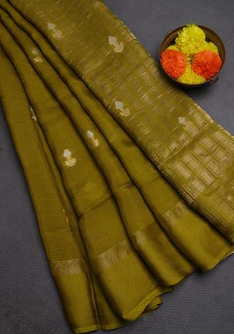 Art Kota Silk Saree Mehendi Green With Silver Zari Woven Buttas And Zari Woven Simple Border With Buttas And Brocade Design For Women