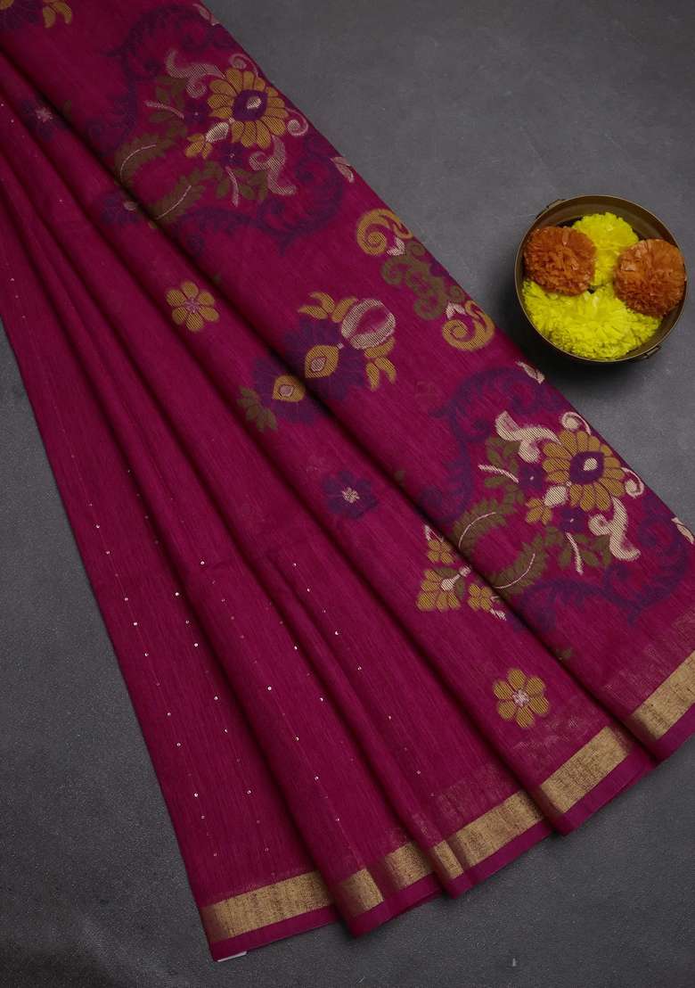 Jute Silk Saree Pink With Allover Sequin Work And Jamdhani Pallu With Embroidered Design For Women - Indya
