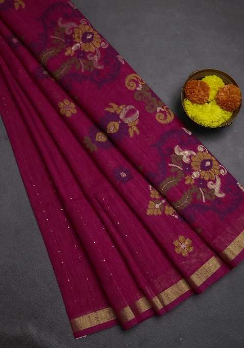 Jute Silk Saree Pink With Allover Sequin Work And Jamdhani Pallu With Embroidered Design For Women