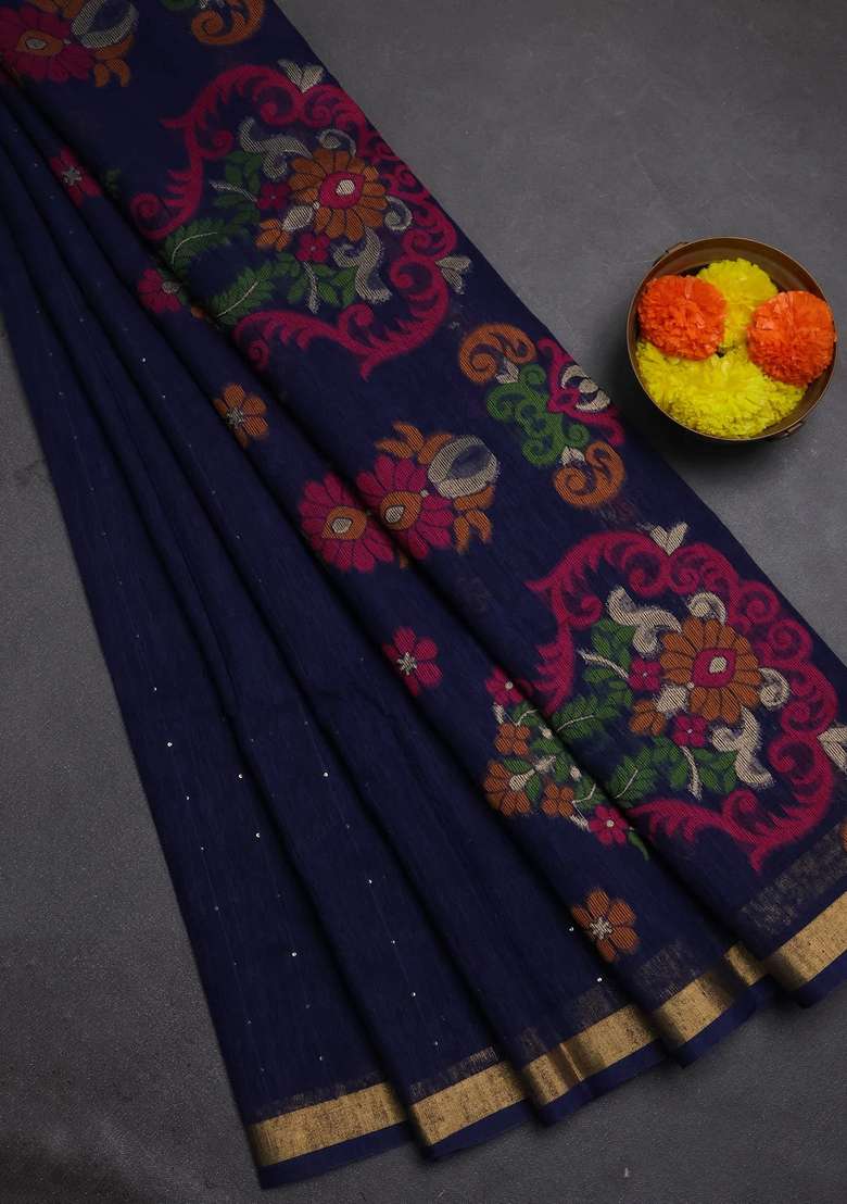 Jute Silk Saree Navy Blue With Allover Sequin Work And Jamdhani Pallu With Embroidered Design For Women - Indya
