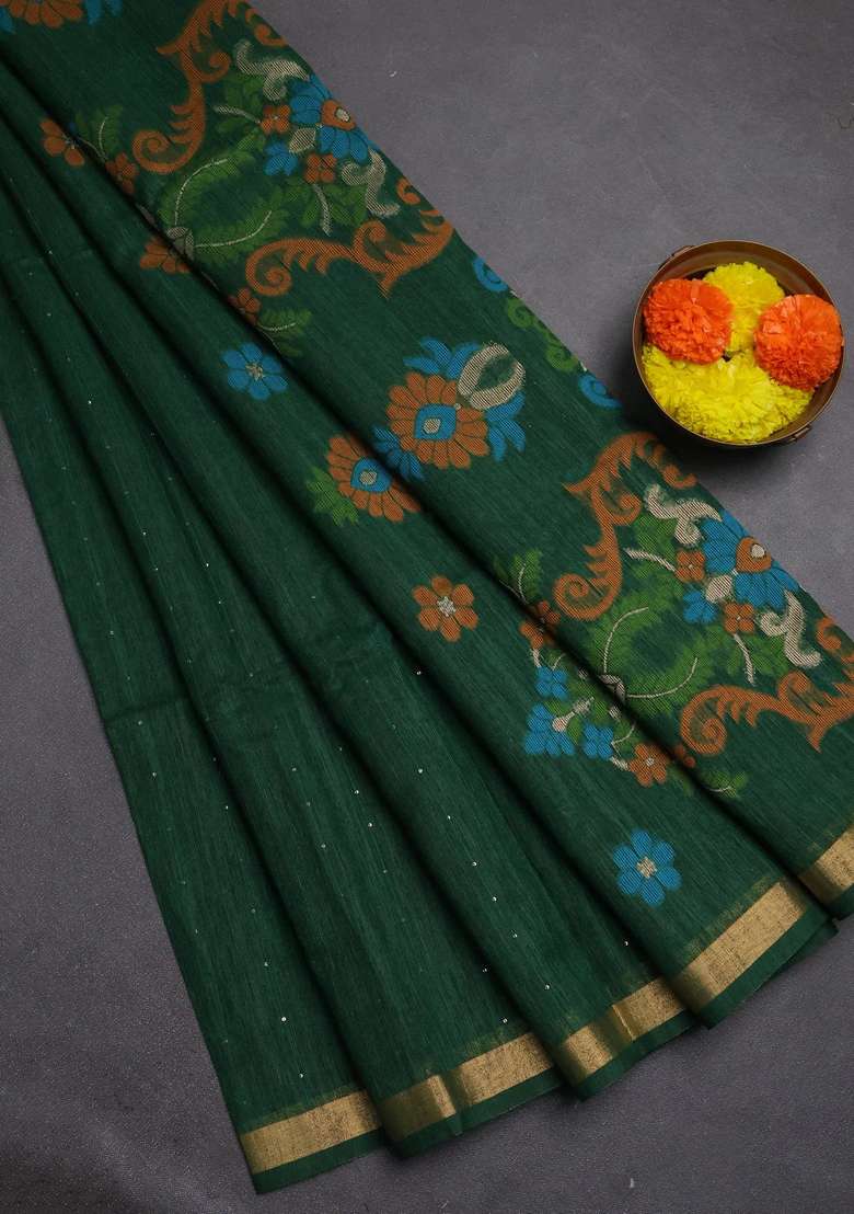 Jute Silk Saree Bottle Green With Allover Sequin Work And Jamdhani Pallu With Embroidered Design For Women - Indya