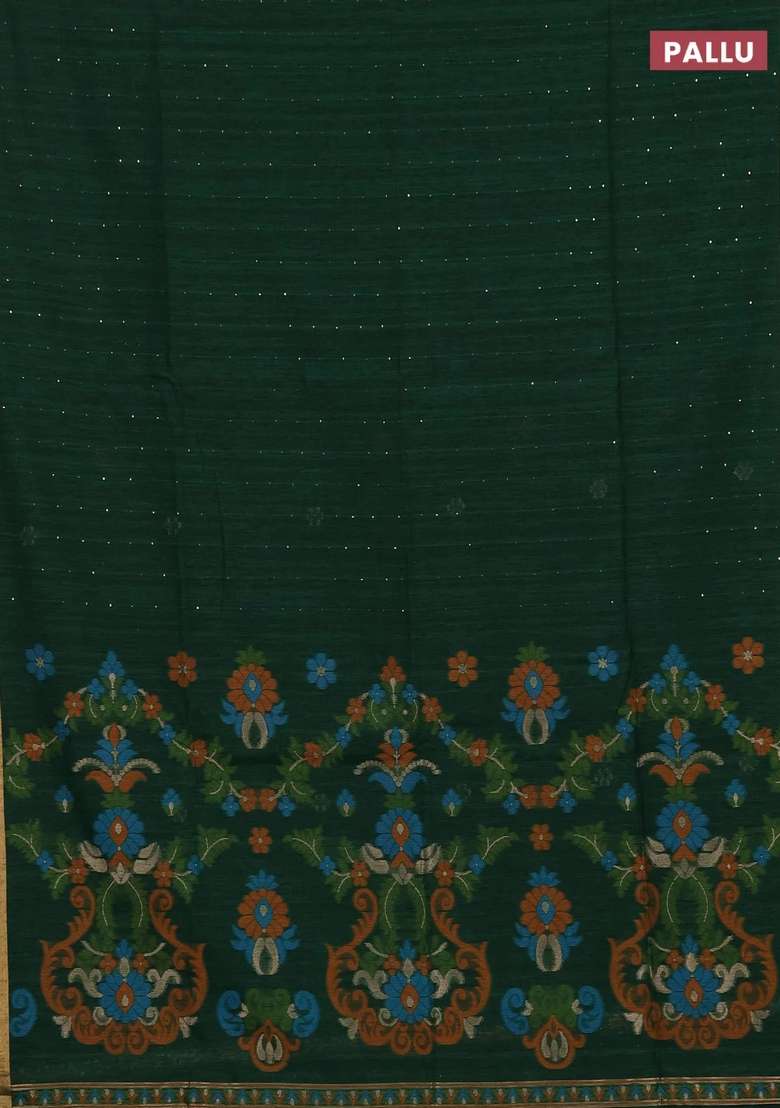 Jute Silk Saree Bottle Green With Allover Sequin Work And Jamdhani Pallu With Embroidered Design For Women - Indya