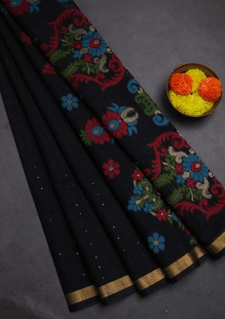 Jute Silk Saree Black With Allover Sequin Work And Jamdhani Pallu With Embroidered Design For Women - Indya