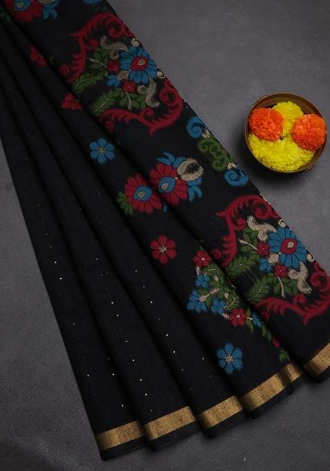 Jute Silk Saree Black With Allover Sequin Work And Jamdhani Pallu With Embroidered Design For Women