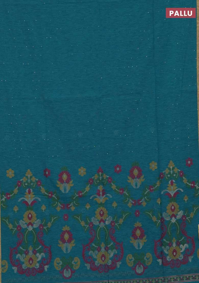 Jute Silk Saree Teal Blue With Allover Sequin Work And Jamdhani Pallu With Embroidered Design For Women - Indya