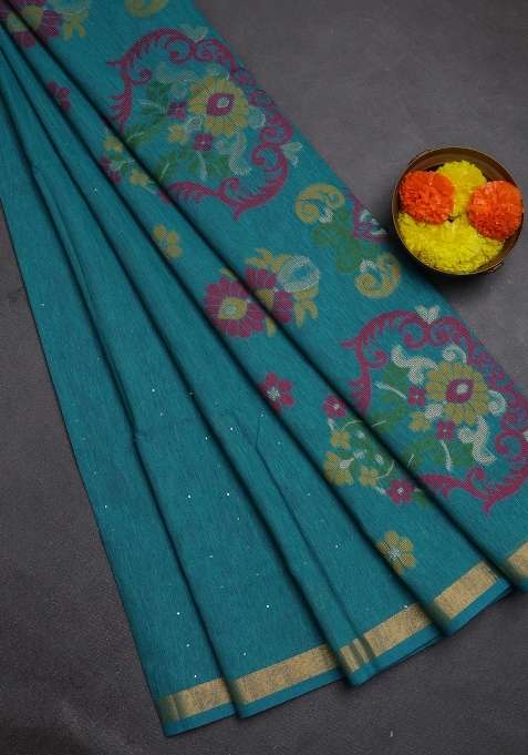 Jute Silk Saree Teal Blue With Allover Sequin Work And Jamdhani Pallu With Embroidered Design For Women