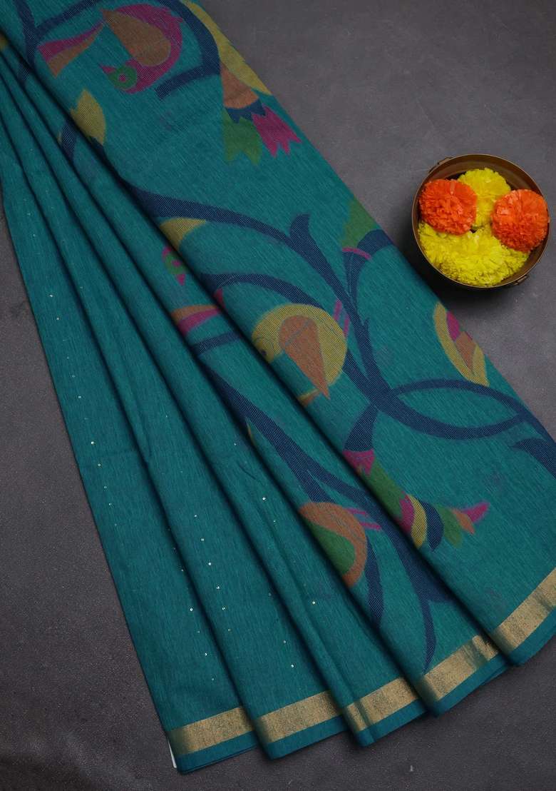 Jute Silk Saree Peacock Blue With Allover Sequin Work And Jamdhani Pallu With Embroidered Design For Women - Indya