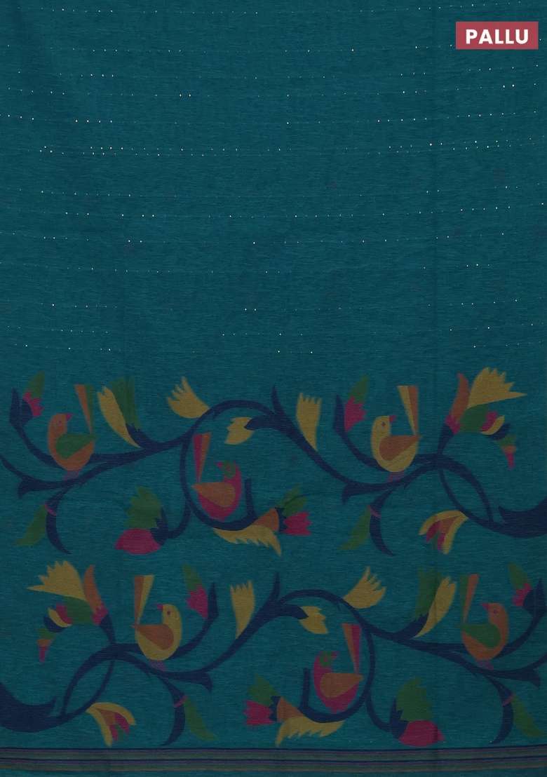 Jute Silk Saree Peacock Blue With Allover Sequin Work And Jamdhani Pallu With Embroidered Design For Women - Indya