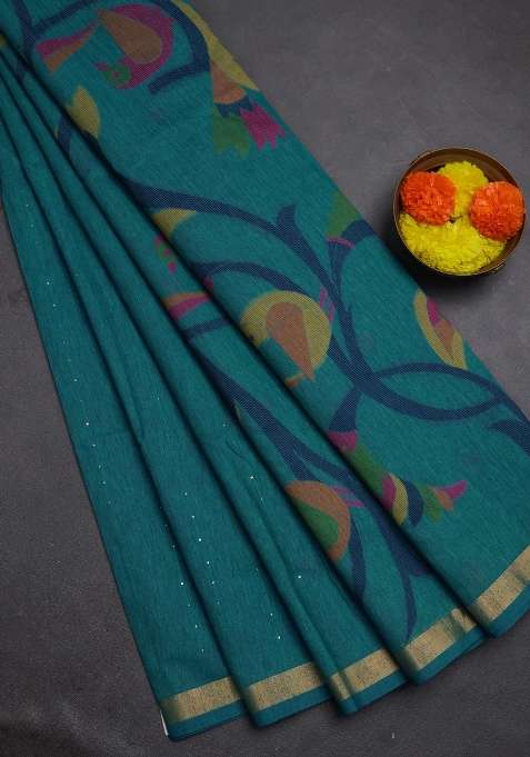 Jute Silk Saree Peacock Blue With Allover Sequin Work And Jamdhani Pallu With Embroidered Design For Women