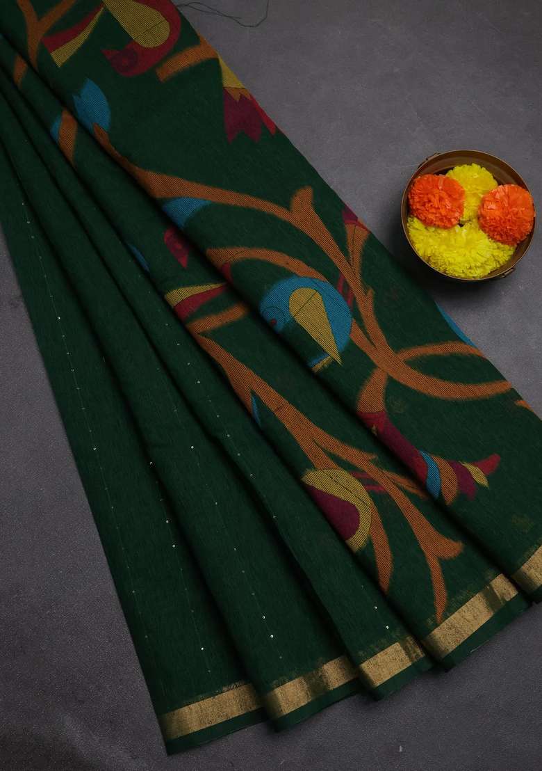 Jute Silk Saree Bottle Green With Allover Sequin Work And Jamdhani Pallu With Embroidered Design For Women - Indya