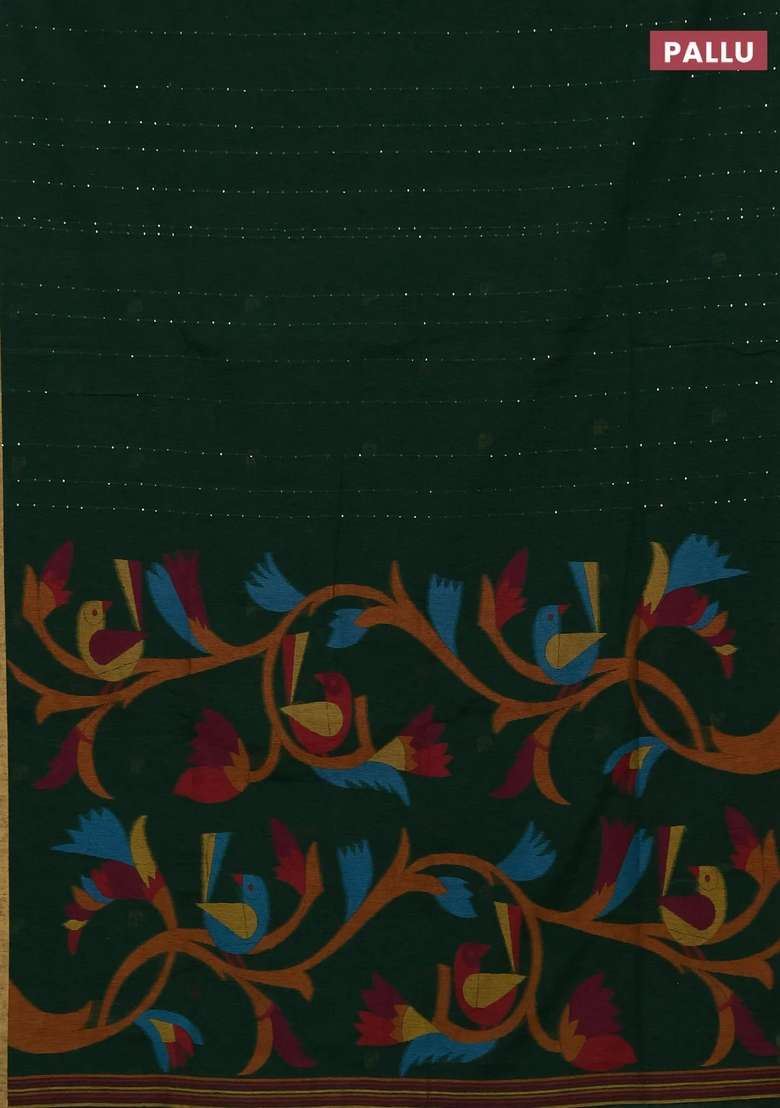 Jute Silk Saree Bottle Green With Allover Sequin Work And Jamdhani Pallu With Embroidered Design For Women - Indya