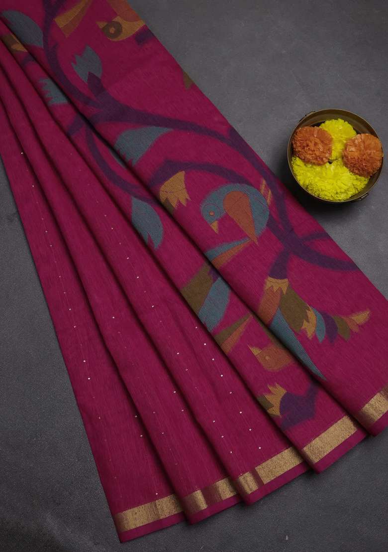 Jute Silk Saree Pink With Allover Sequin Work And Jamdhani Pallu With Embroidered Design For Women - Indya
