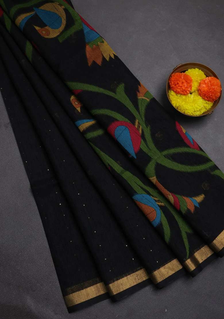 Jute Silk Saree Black With Allover Sequin Work And Jamdhani Pallu With Embroidered Design For Women - Indya