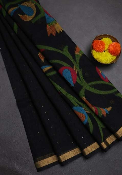 Jute Silk Saree Black With Allover Sequin Work And Jamdhani Pallu With Embroidered Design For Women