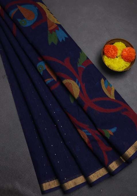 Jute Silk Saree Navy Blue With Allover Sequin Work And Jamdhani Pallu With Embroidered Design For Women