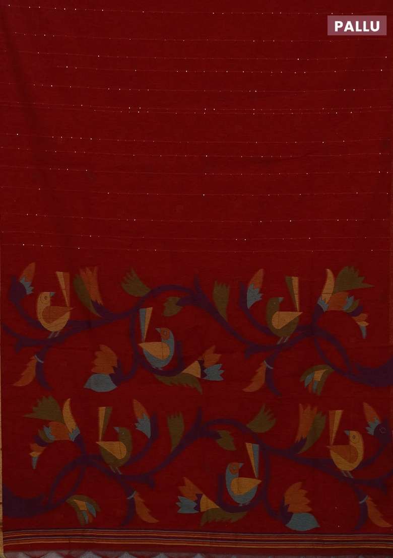 Jute Silk Saree Red With Allover Sequin Work And Jamdhani Pallu With Embroidered Design For Women - Indya