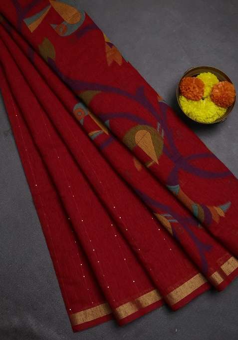 Jute Silk Saree Red With Allover Sequin Work And Jamdhani Pallu With Embroidered Design For Women