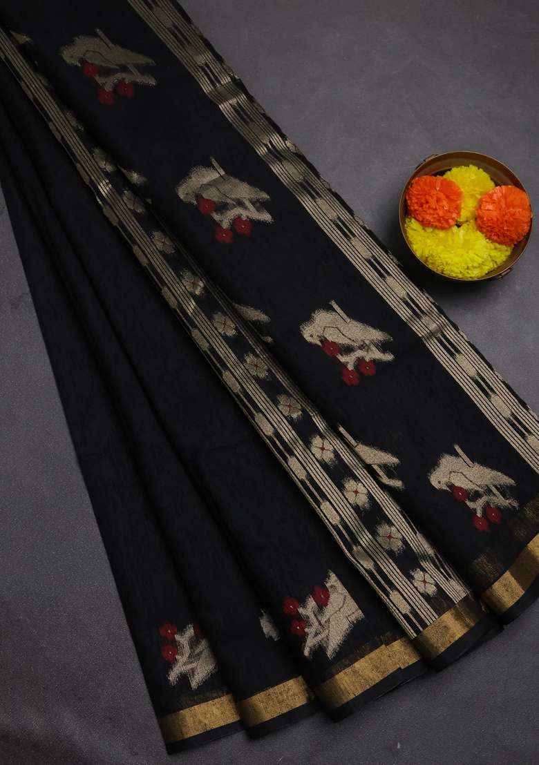 Jute Silk Saree Black With Allover Thread Zari Woven Buttas And Zari Woven Border With Buttas And Brocade Design For Women - Indya