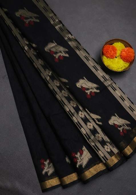 Jute Silk Saree Black With Allover Thread Zari Woven Buttas And Zari Woven Border With Buttas And Brocade Design For Women