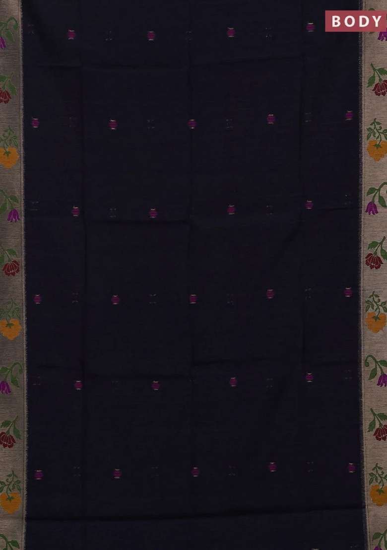 Jute Silk Saree Navy Blue With Thread Zari Woven Buttas And Jamdhani Pallu With Buttas And Brocade Design For Women - Indya