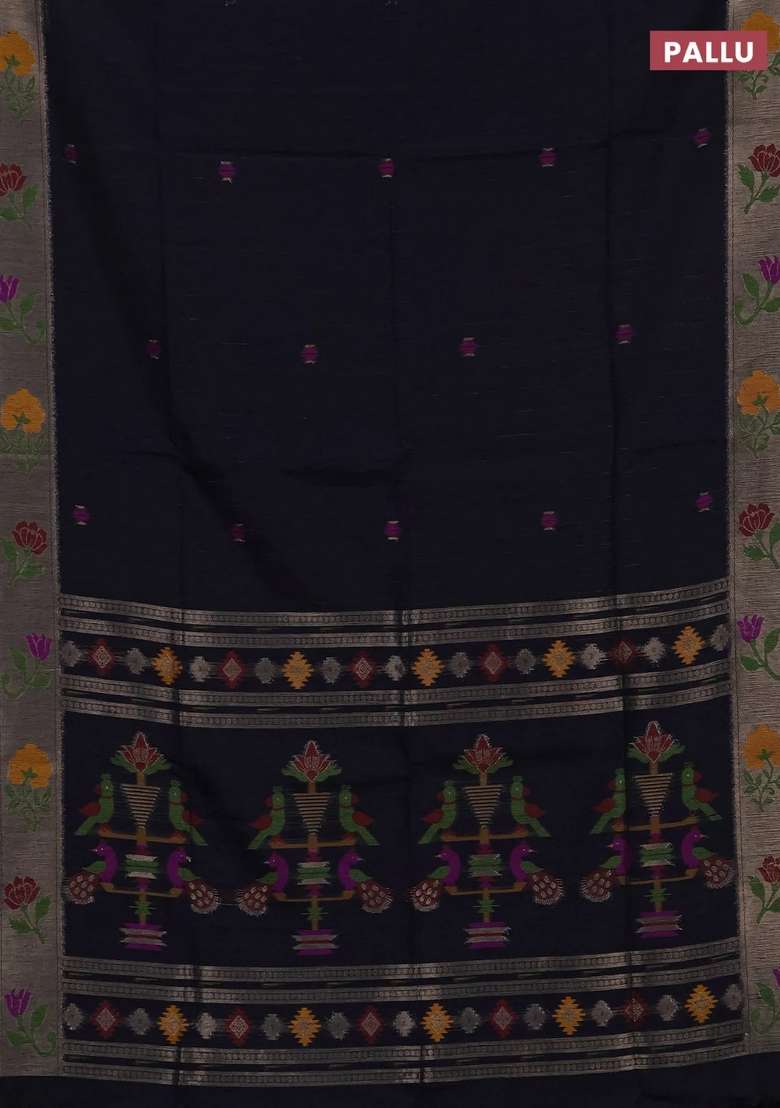 Jute Silk Saree Navy Blue With Thread Zari Woven Buttas And Jamdhani Pallu With Buttas And Brocade Design For Women - Indya