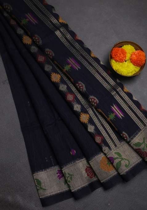Jute Silk Saree Navy Blue With Thread Zari Woven Buttas And Jamdhani Pallu With Buttas And Brocade Design For Women