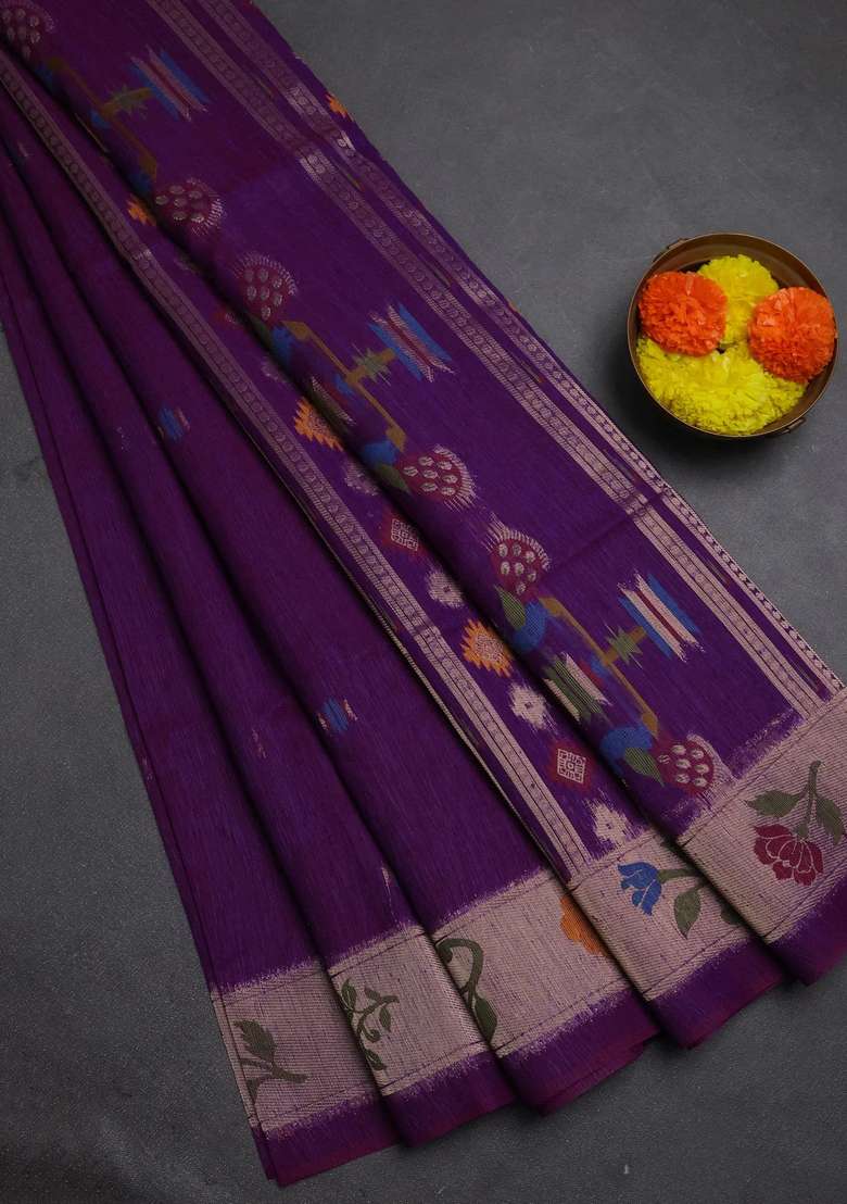 Jute Silk Saree Purple With Thread Zari Woven Buttas And Jamdhani Pallu With Buttas And Brocade Design For Women - Indya