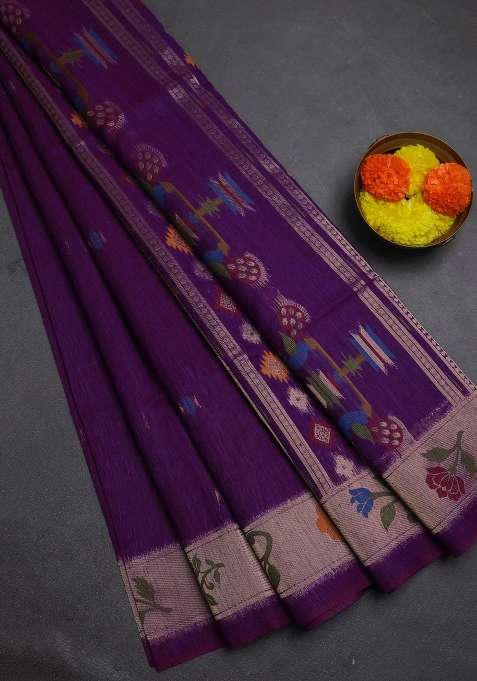 Jute Silk Saree Purple With Thread Zari Woven Buttas And Jamdhani Pallu With Buttas And Brocade Design For Women