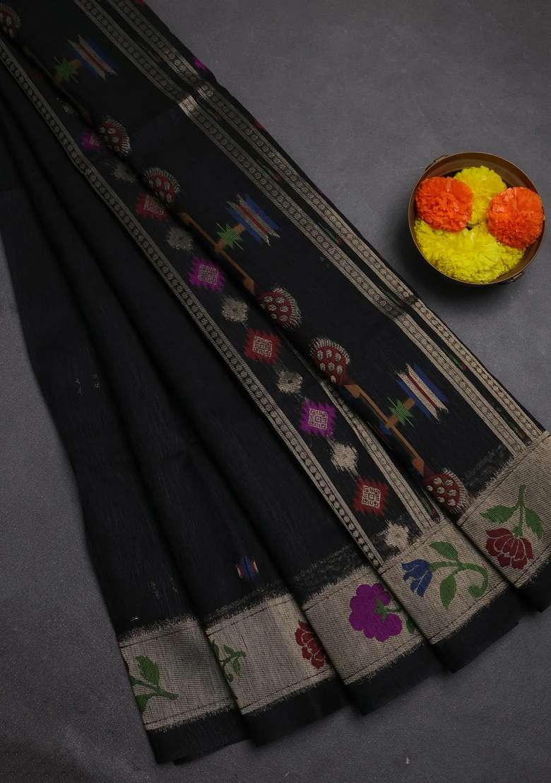 Jute Silk Saree Black With Thread Zari Woven Buttas And Jamdhani Pallu With Buttas And Brocade Design For Women - Indya