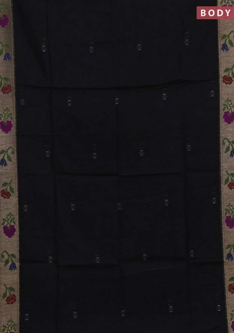 Jute Silk Saree Black With Thread Zari Woven Buttas And Jamdhani Pallu With Buttas And Brocade Design For Women - Indya