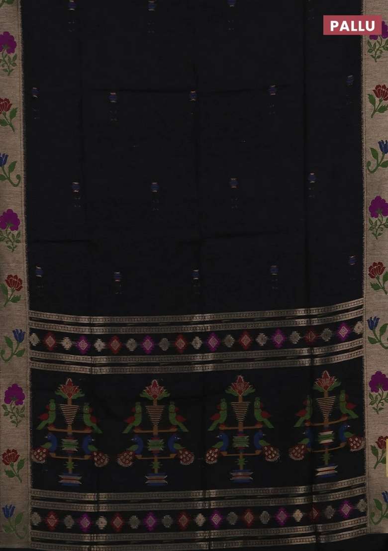 Jute Silk Saree Black With Thread Zari Woven Buttas And Jamdhani Pallu With Buttas And Brocade Design For Women - Indya