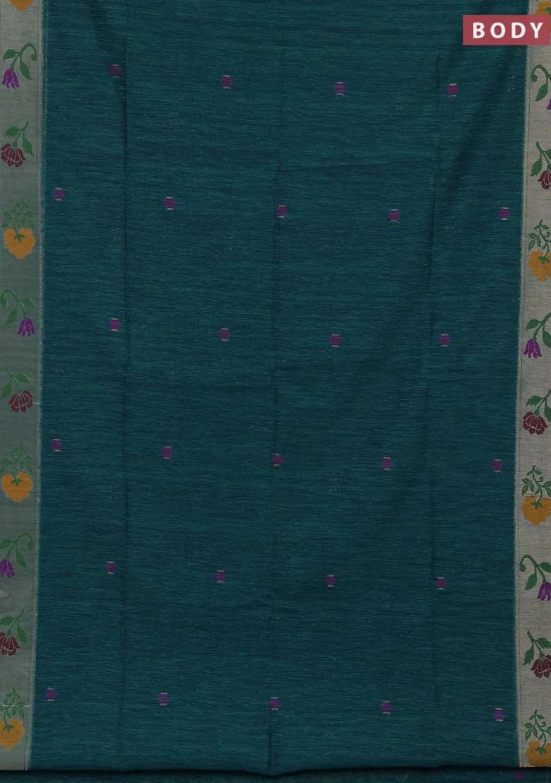 Jute Silk Saree Peacock Green With Thread Zari Woven Buttas And Jamdhani Pallu With Buttas And Brocade Design For Women - Indya