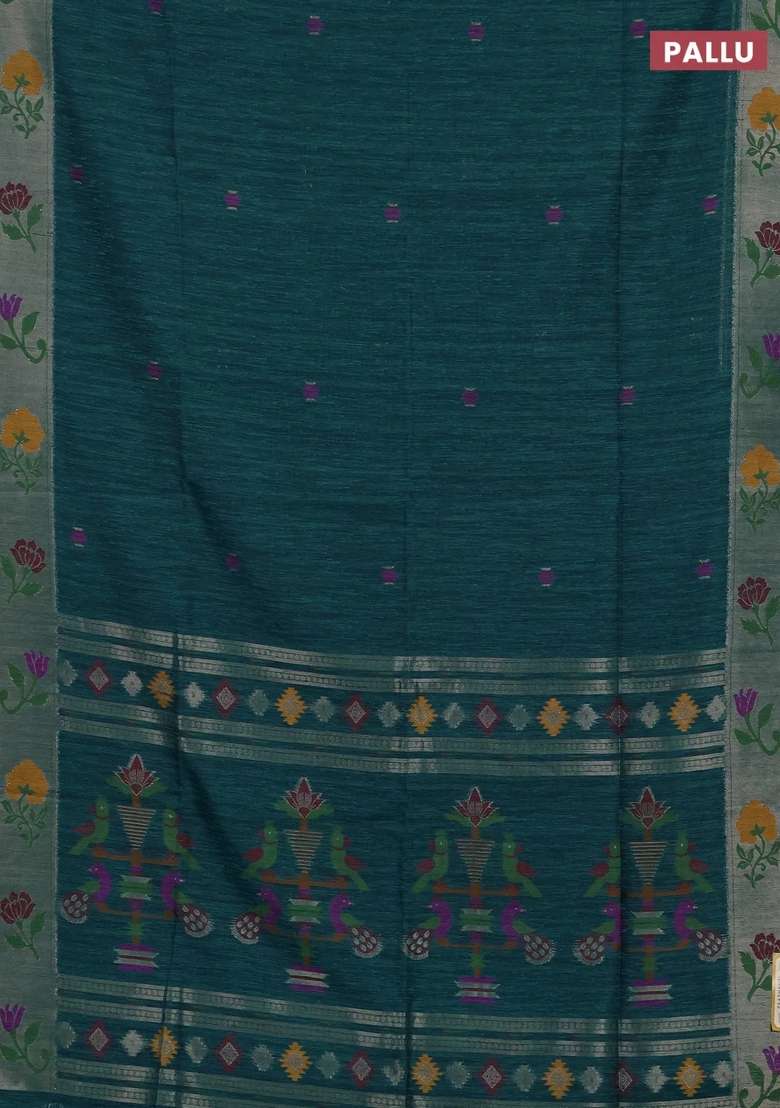 Jute Silk Saree Peacock Green With Thread Zari Woven Buttas And Jamdhani Pallu With Buttas And Brocade Design For Women - Indya