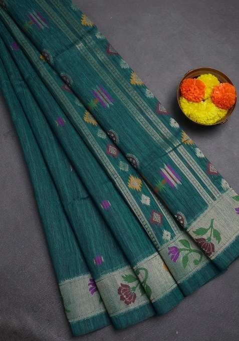 Jute Silk Saree Peacock Green With Thread Zari Woven Buttas And Jamdhani Pallu With Buttas And Brocade Design For Women