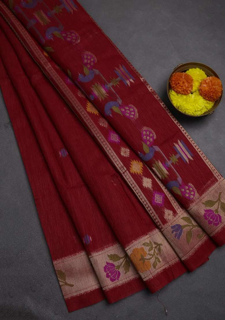 Jute Silk Saree Red With Thread Zari Woven Buttas And Jamdhani Pallu With Buttas And Brocade Design For Women - Indya