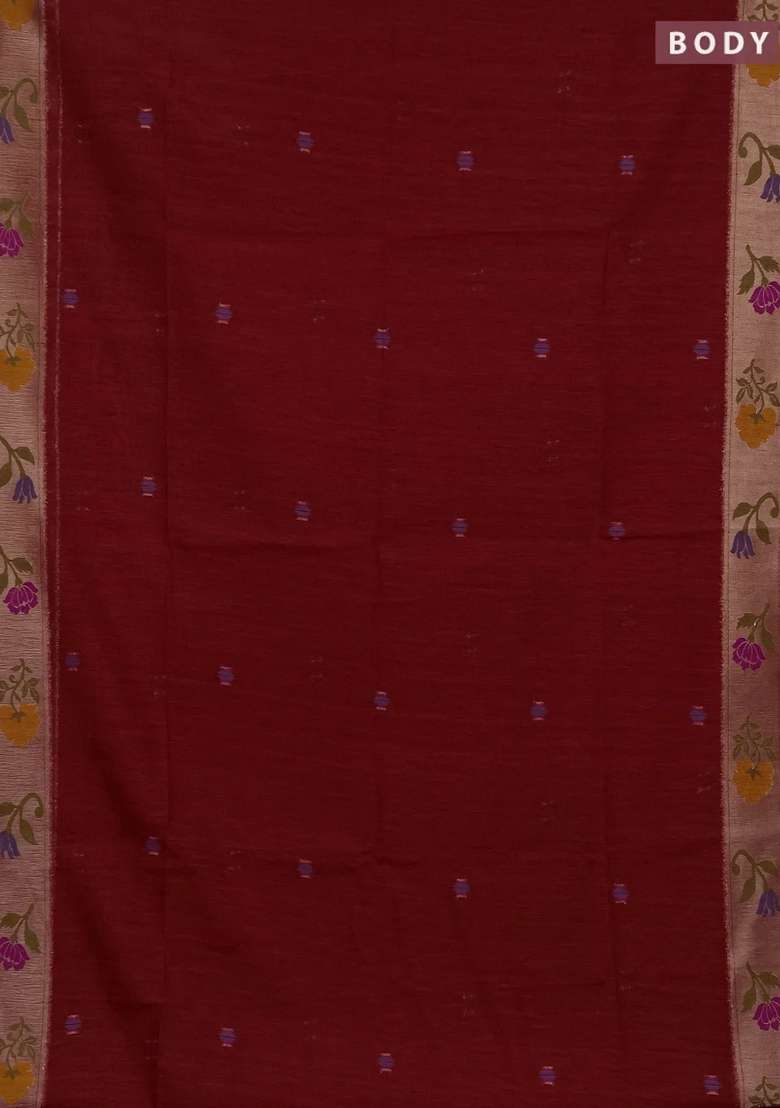Jute Silk Saree Red With Thread Zari Woven Buttas And Jamdhani Pallu With Buttas And Brocade Design For Women - Indya