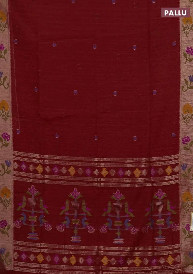 Jute Silk Saree Red With Thread Zari Woven Buttas And Jamdhani Pallu With Buttas And Brocade Design For Women - Indya