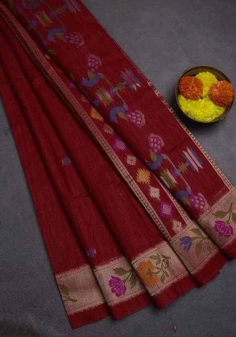 Jute Silk Saree Red With Thread Zari Woven Buttas And Jamdhani Pallu With Buttas And Brocade Design For Women