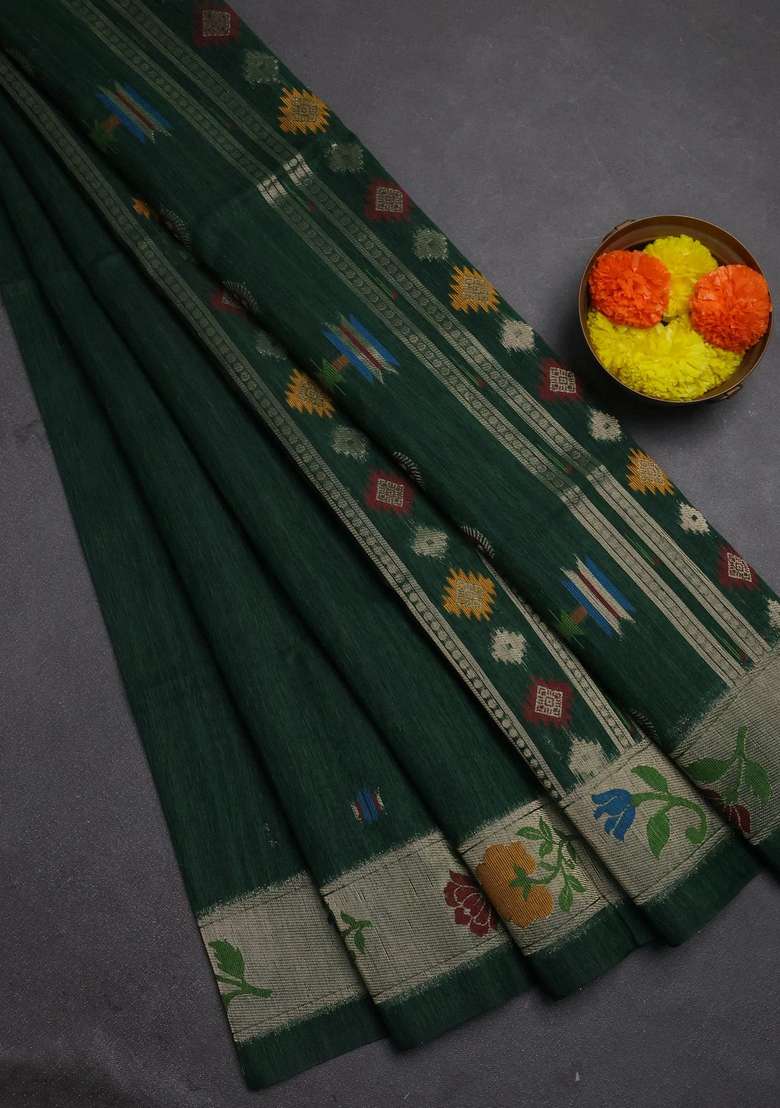 Jute Silk Saree Bottle Green With Thread Zari Woven Buttas And Jamdhani Pallu With Buttas And Brocade Design For Women - Indya