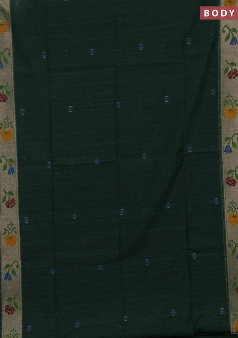 Jute Silk Saree Bottle Green With Thread Zari Woven Buttas And Jamdhani Pallu With Buttas And Brocade Design For Women - Indya