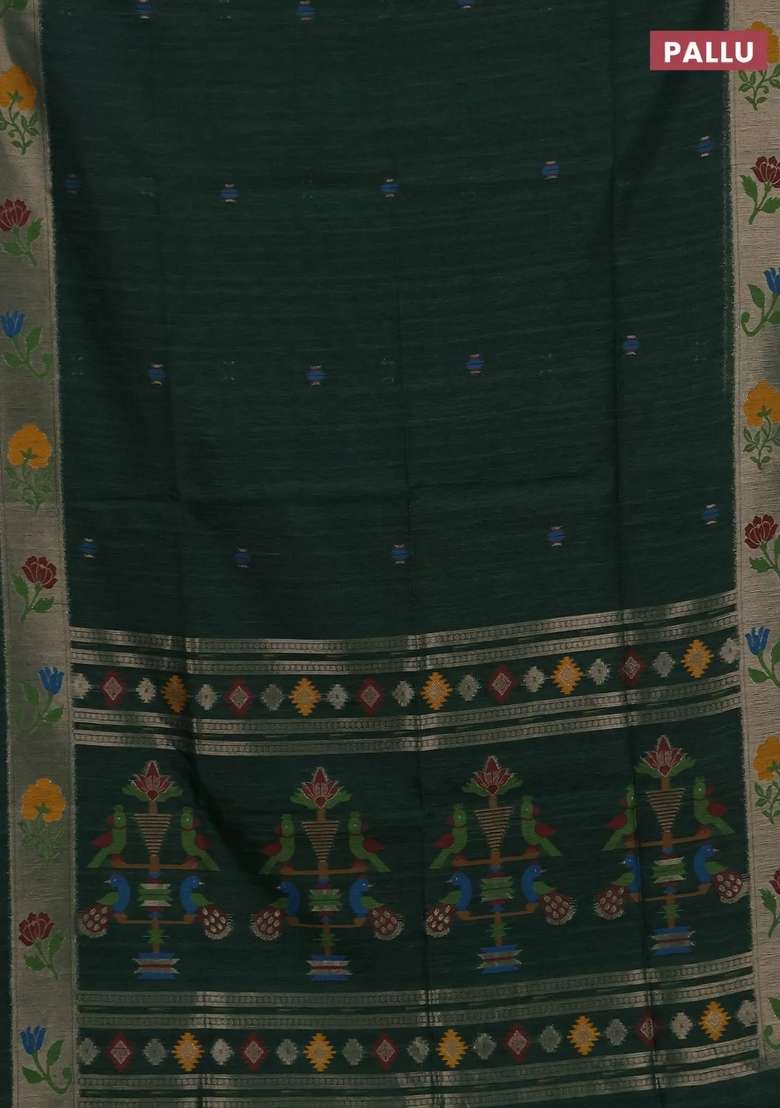 Jute Silk Saree Bottle Green With Thread Zari Woven Buttas And Jamdhani Pallu With Buttas And Brocade Design For Women - Indya