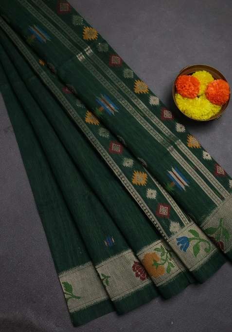Jute Silk Saree Bottle Green With Thread Zari Woven Buttas And Jamdhani Pallu With Buttas And Brocade Design For Women