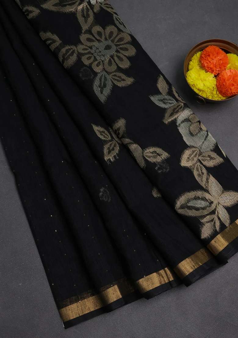 Jute Silk Saree Black With Allover Sequin Work And Zari Woven Border With Embroidered Design For Women - Indya