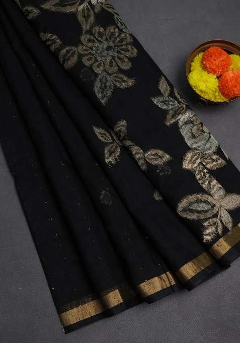 Jute Silk Saree Black With Allover Sequin Work And Zari Woven Border With Embroidered Design For Women